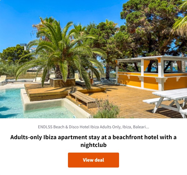 Adults-only Ibiza apartment stay at a beachfront hotel with a nightclub